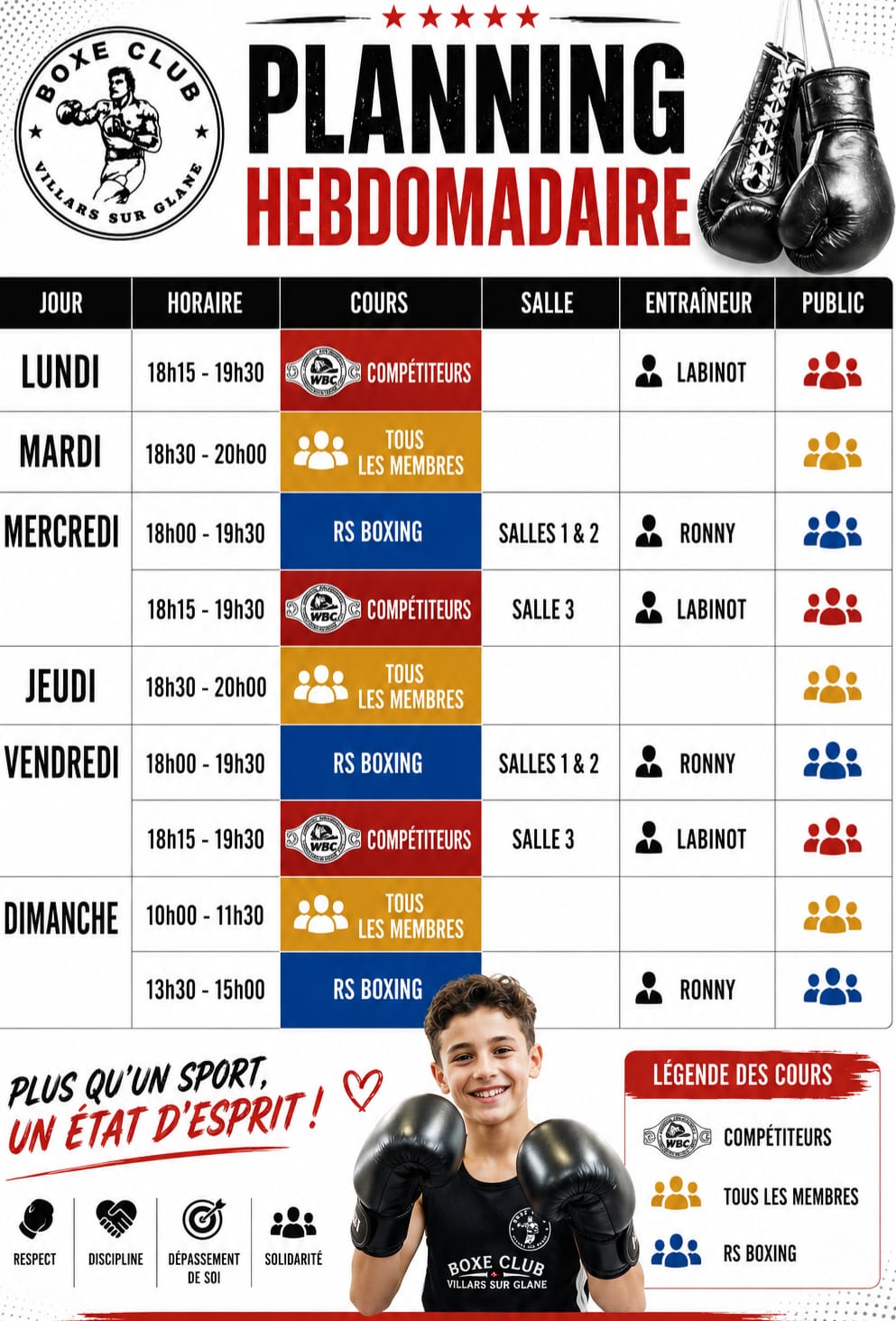 Planning hebdomadaire du Boxe Club Villars-sur-Glâne